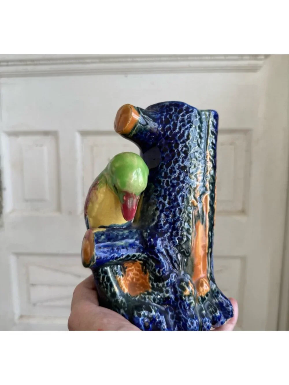 Vintage 50's Japan Blue Tree Stump Vase King Fisher Bird Vase Whimsical